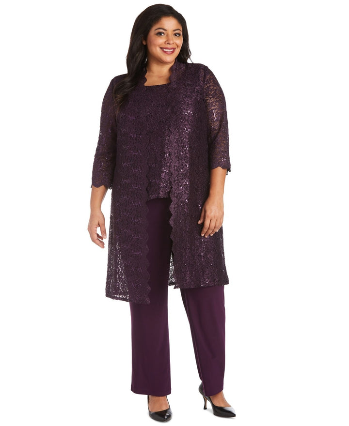R & M Richards 3-Pc. Plus Size Sequined Lace Pantsuit & Shell MSRP $139