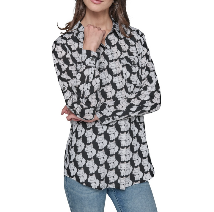 KARL LAGERFELD PARIS Motif Roll-Tab-Sleeve Button-Front Top MSRP $79