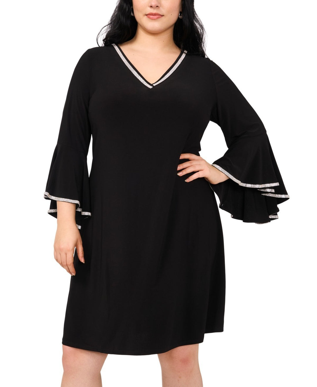 MSK Plus Size Rhinestone-Trim V-Neck Ruffle-Cuff Dress MSRP $89