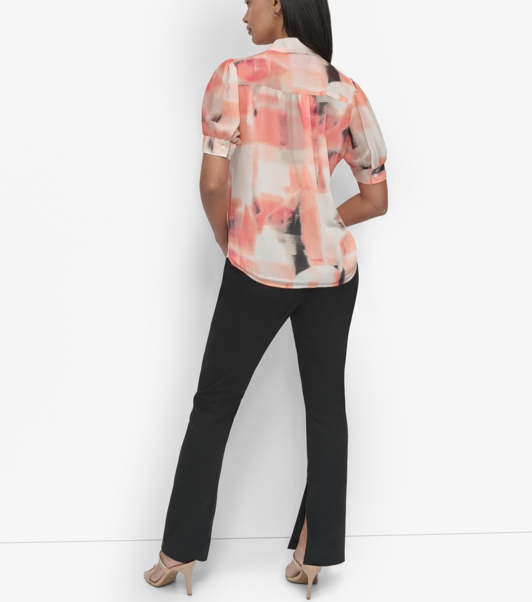 DKNY Women's Printed Puff-Sleeve Button-Front Blouse MSRP $79
