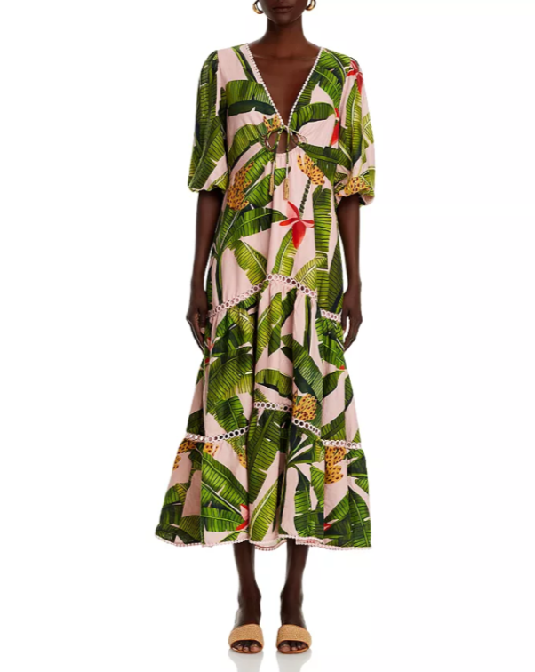 FARM Rio Banana Leaves Pink Tiered Dress MSRP $285