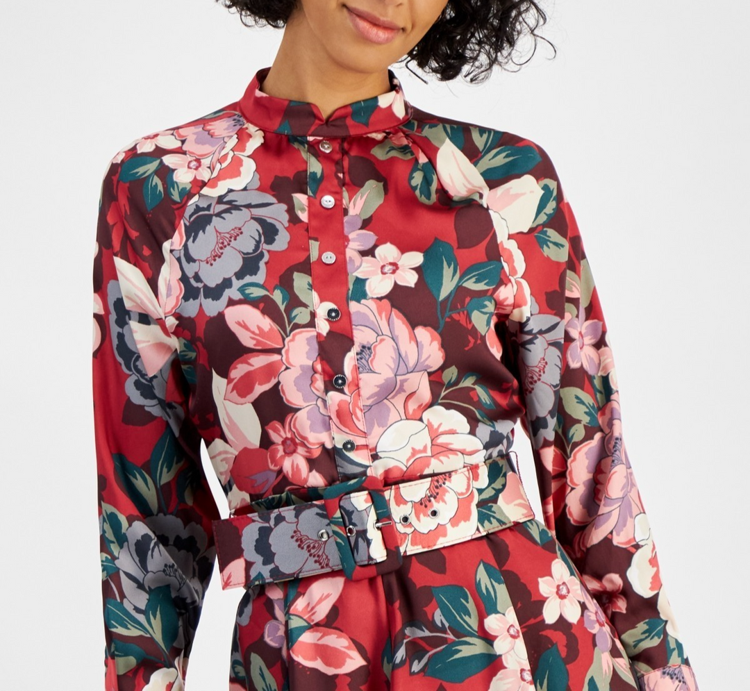 Tahari Petite Floral Button-Trim Belted Long-Sleeve Dress MSRP $159