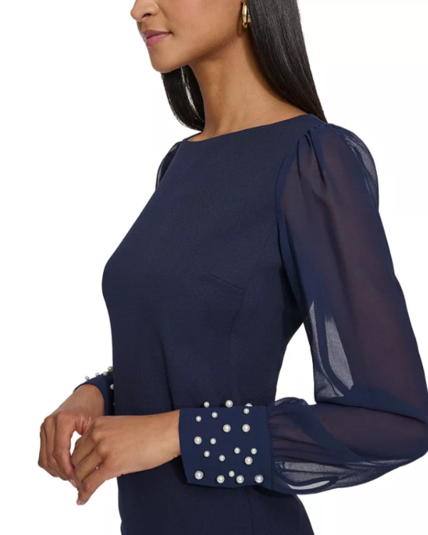 KARL LAGERFELD PARIS Scuba Crepe Chiffon Sleeve Sheath Dress MSRP $138
