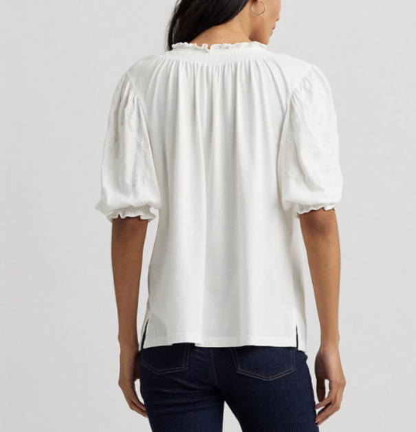 Lauren Ralph Lauren Embroidered Puff-Sleeve Top MSRP $145