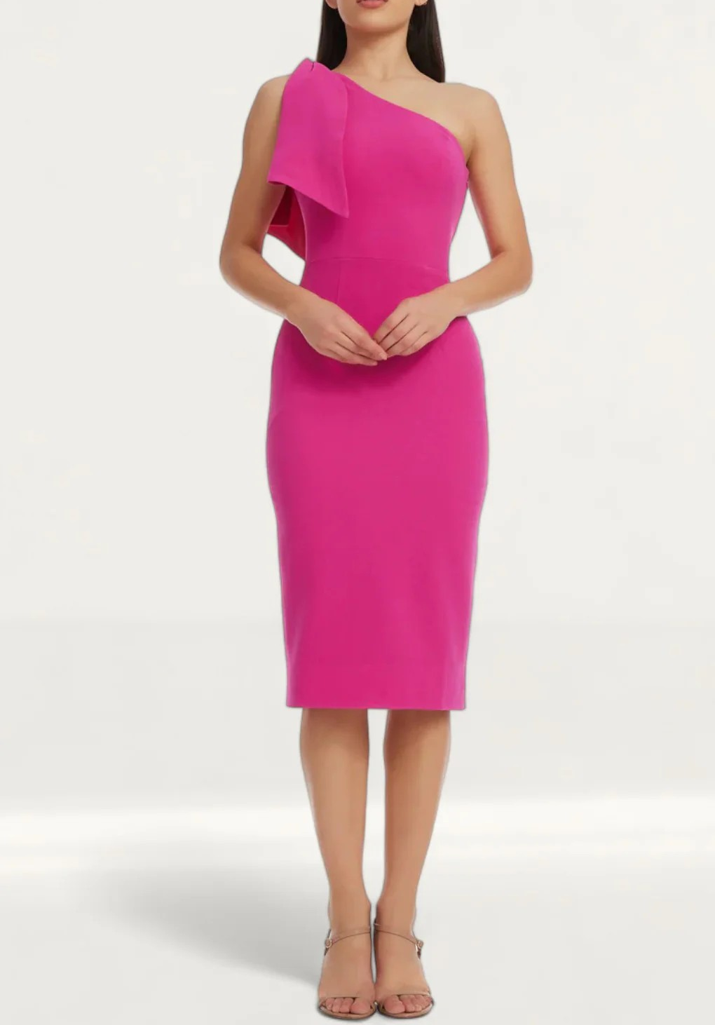 Dress The Population Tiffany One Shoulder Bright Fuchsia Midi Dress MSRP $148