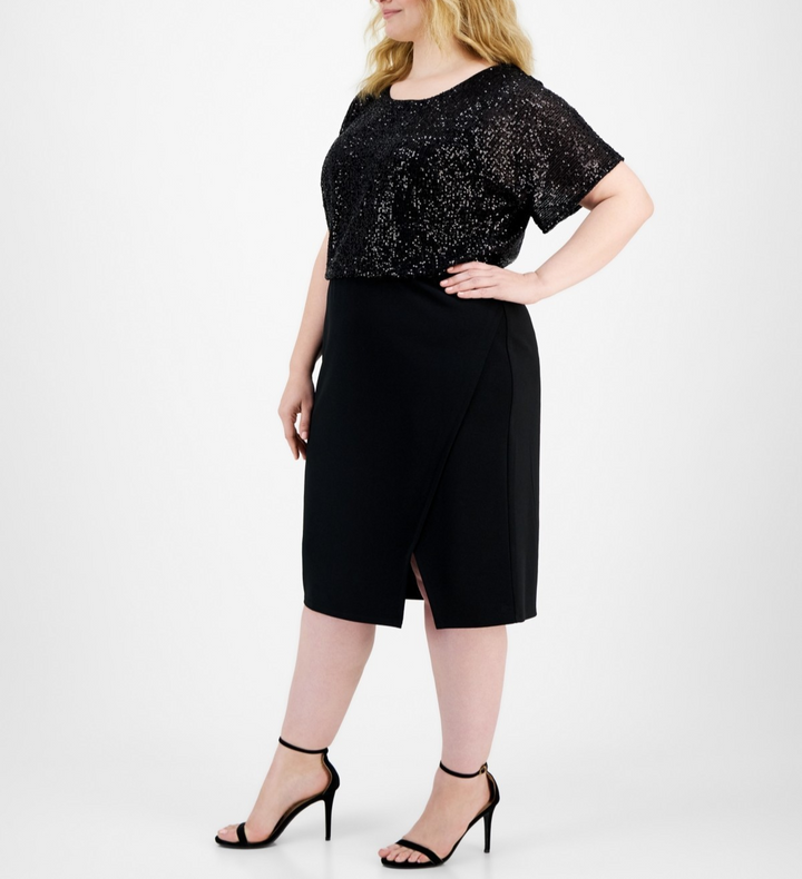 Connected Plus Size Kitty Black Sequin Popover Dress MSRP $89