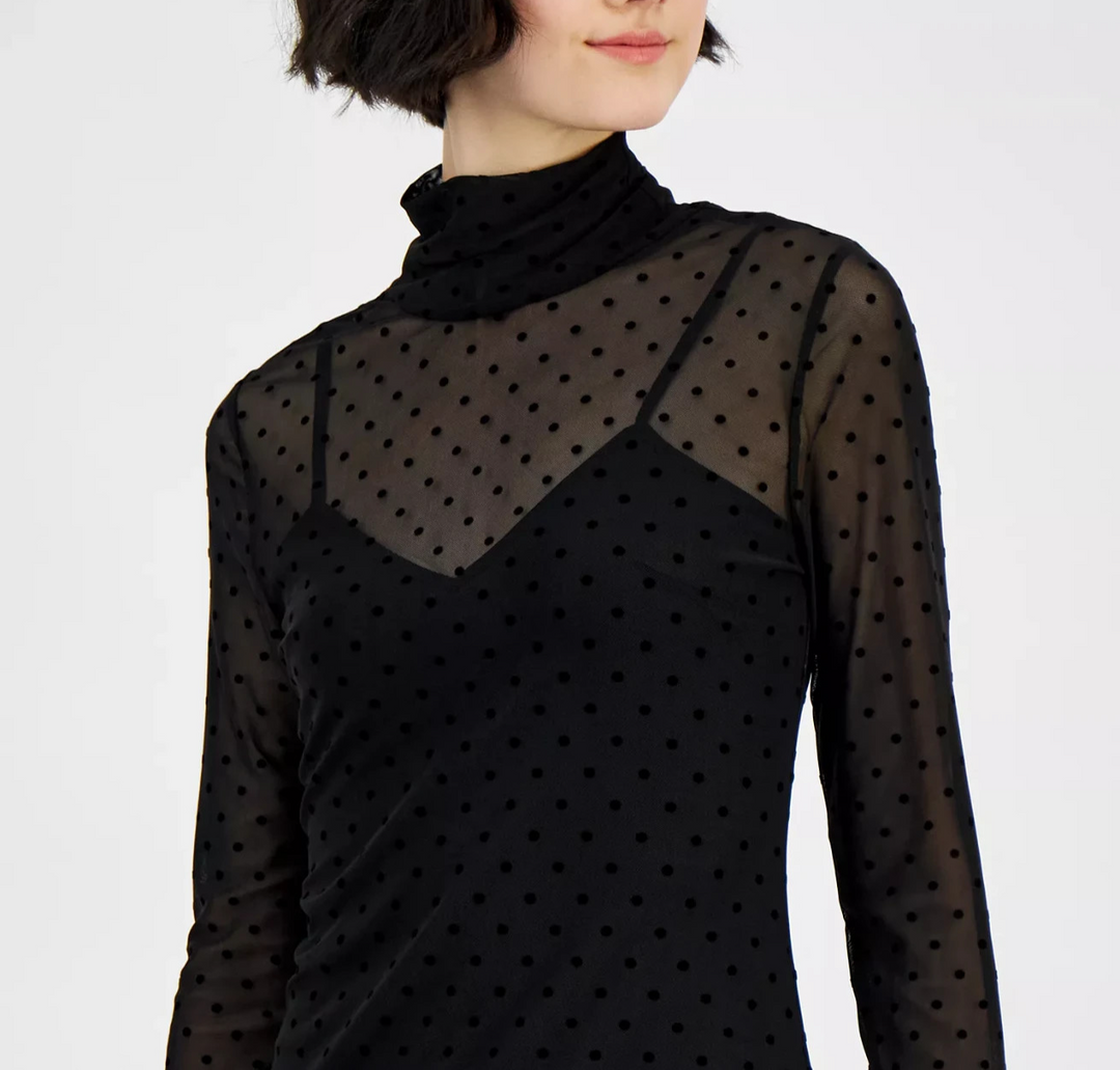 RACHEL Rachel Roy Lydie Dotted-Mesh Mock-Neck Dress MSRP $139