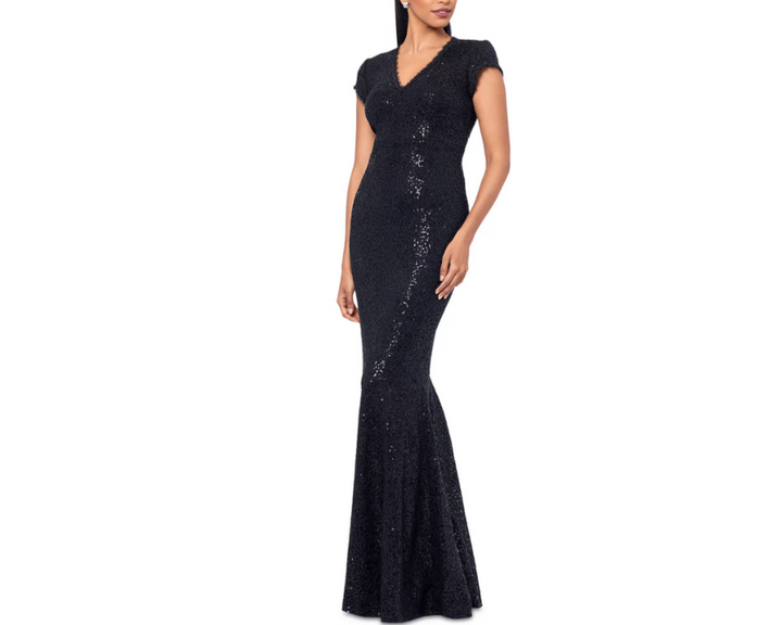 Betsy & Adam Sequined Lace Cap-Sleeve Gown MSRP $319