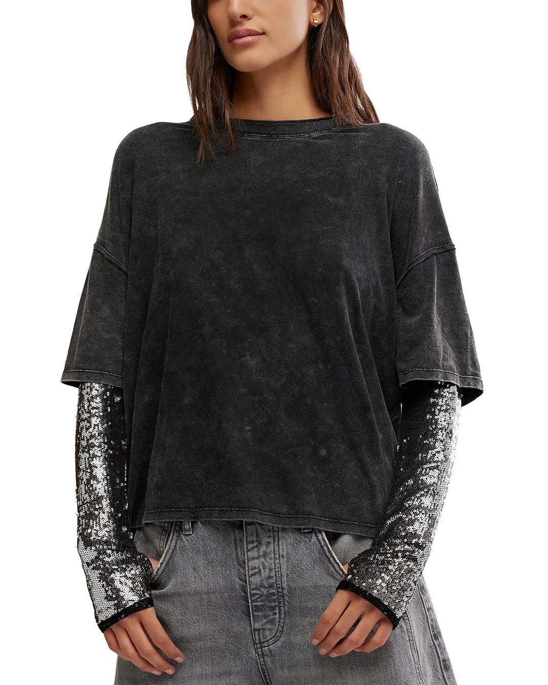 Free People Nellie Sequin Sleeve Tee MSRP $98 Size M