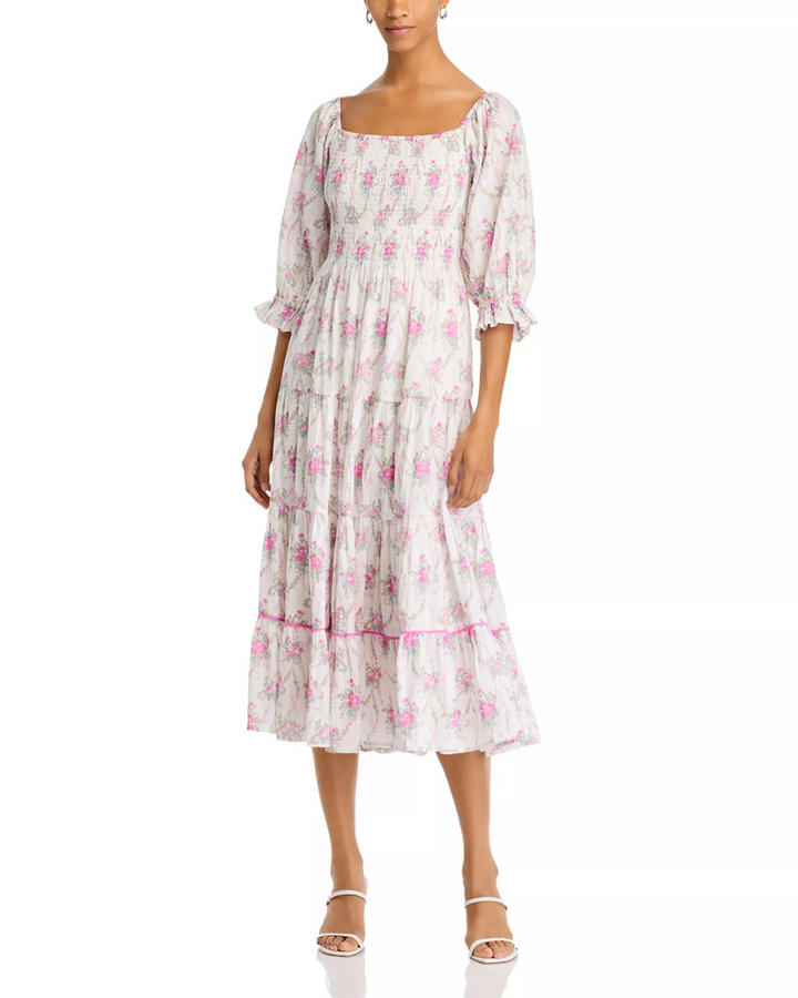 LoveShackFancy Rigby Floral Smocked Midi Dress MSRP $395
