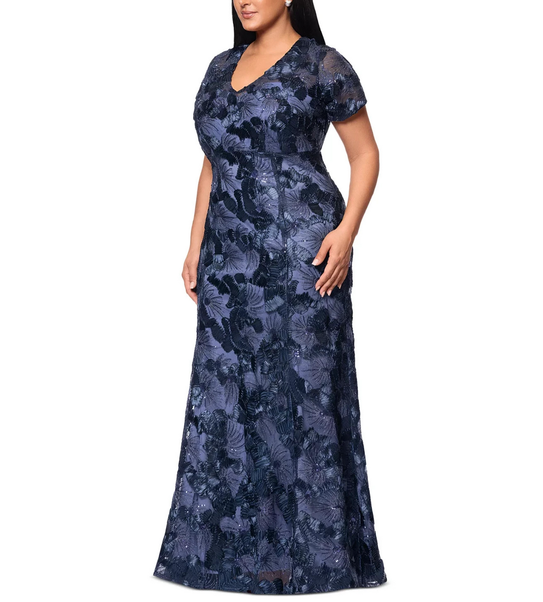 Betsy & Adam Floral Sequin V-Neck Sheath Gown MSRP $329