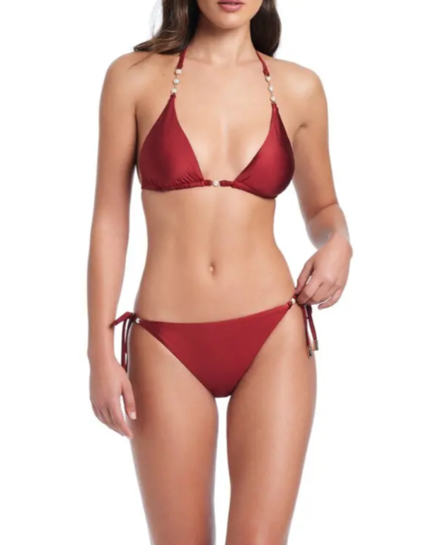Red Carter Pearls Of Wisdom Triangle Bikini Top & Tie Side Bikini Bottom $132