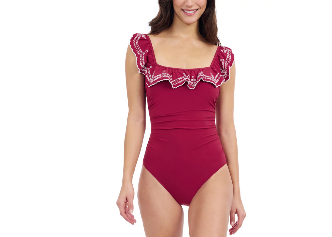 Profile by Gottex Lola Square Neck Ruffle Trim One Piece Swimsuit MSRP $154