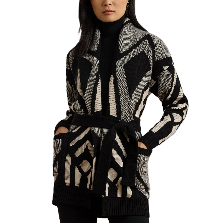 LAUREN Ralph Lauren Geo-Motif Belted Wool-Blend Cardigan MSRP $345
