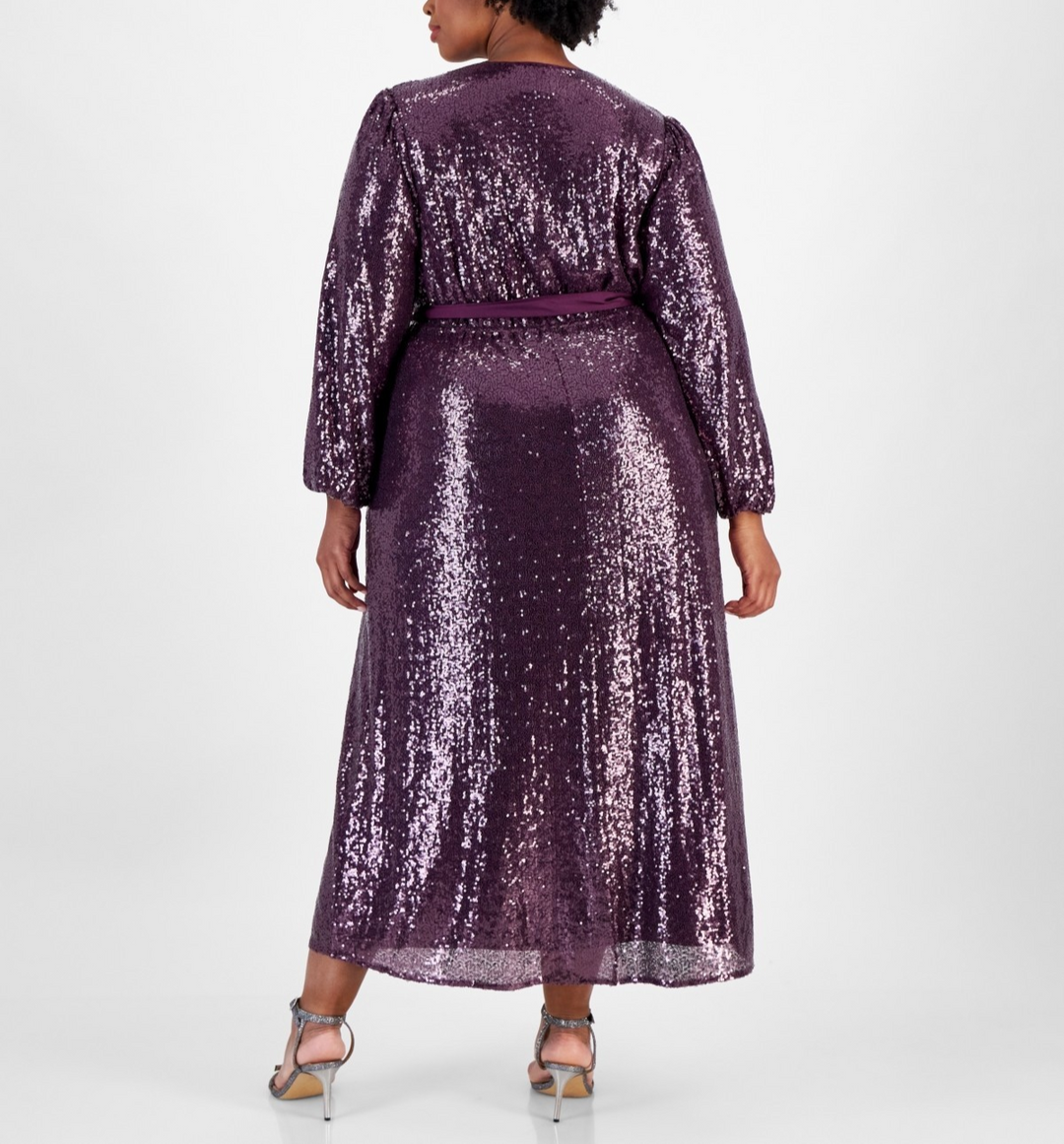 Signature by Robbie Bee Plus Size Satin-Belt Sequinned Maxi Dress MSRP $99