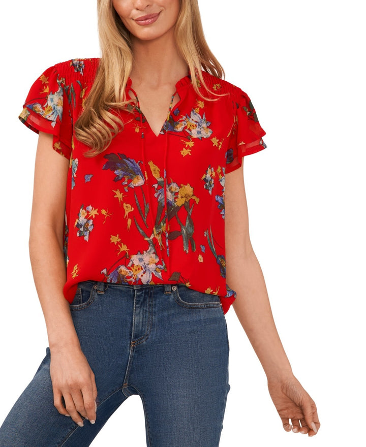 CeCe Tie Neck Tier Flutter Ruffled Blouse MSRP $79