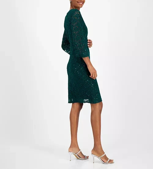 Connected Sequin-Lace 3/4-Sleeve Faux-Wrap Dress MSRP $99