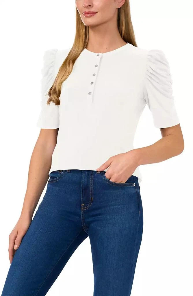 CeCe Shirred-Sleeve Embellished-Button Top MSRP $59
