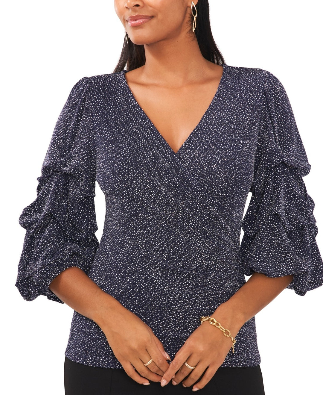 MSK Petite Glitter Surplice Bubble-Sleeve Top MSRP $69