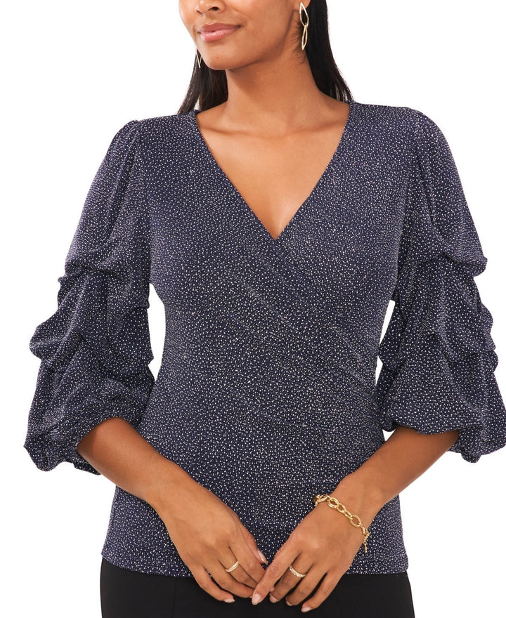 MSK Petite Glitter Surplice Bubble-Sleeve Top MSRP $69