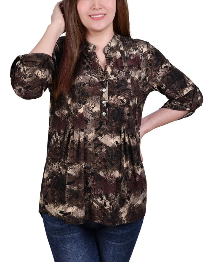 NY Collection Petite 3/4 Roll Tab Sleeve Y-Neck Top MSRP $40