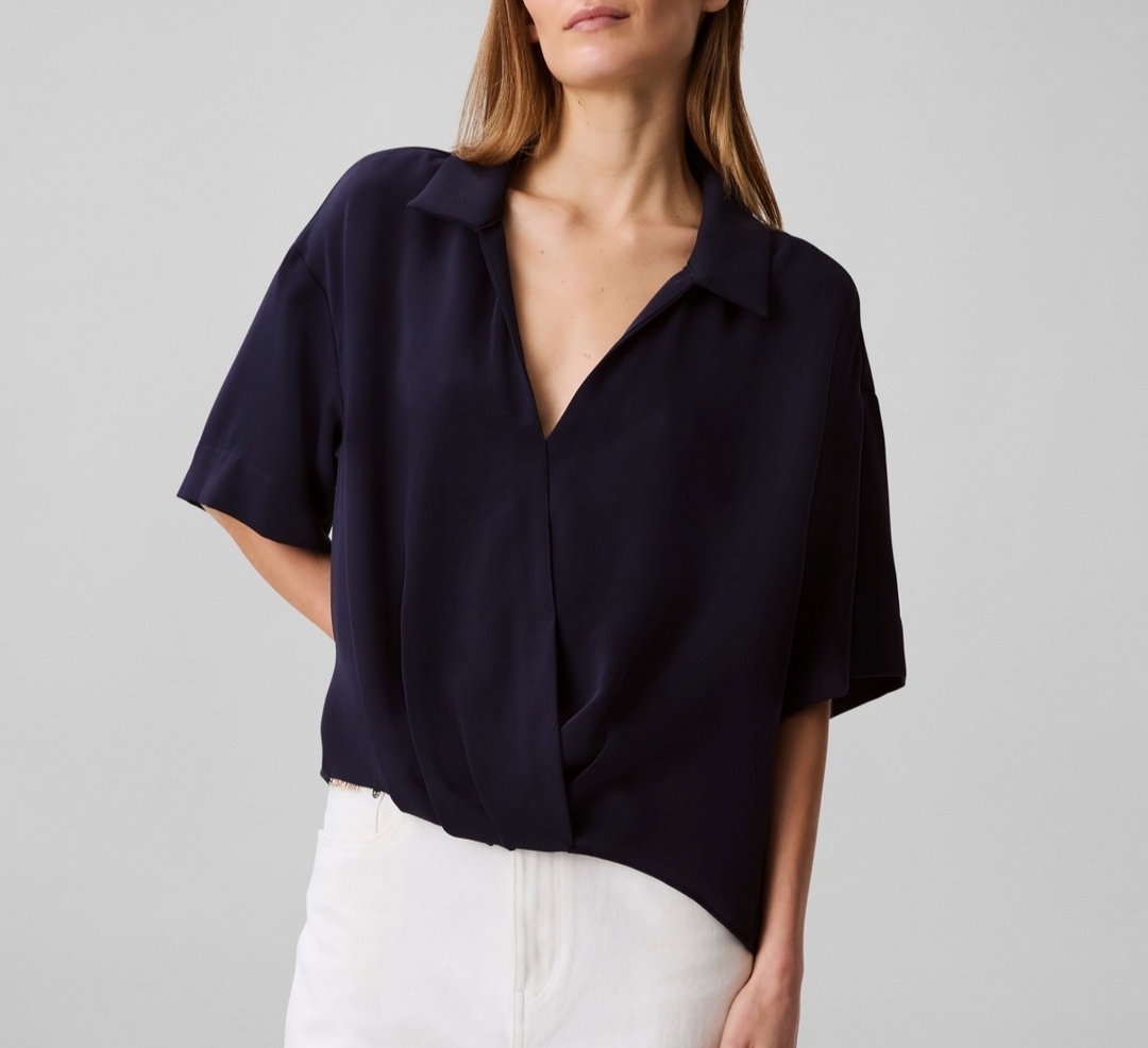 Calvin Klein Women's Collared Draped Faux-Wrap Top MSRP $79