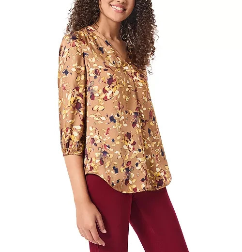 Jones New York Floral-Print 3/4-Sleeves V-Neck Blouse MSRP $79