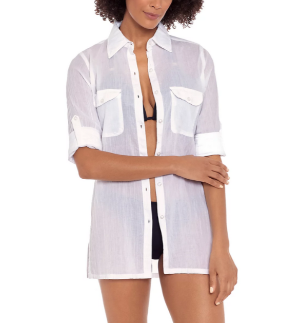 Lauren Ralph Lauren Crushed Cotton Camp Shirt Swim Cover-Up MSRP $100