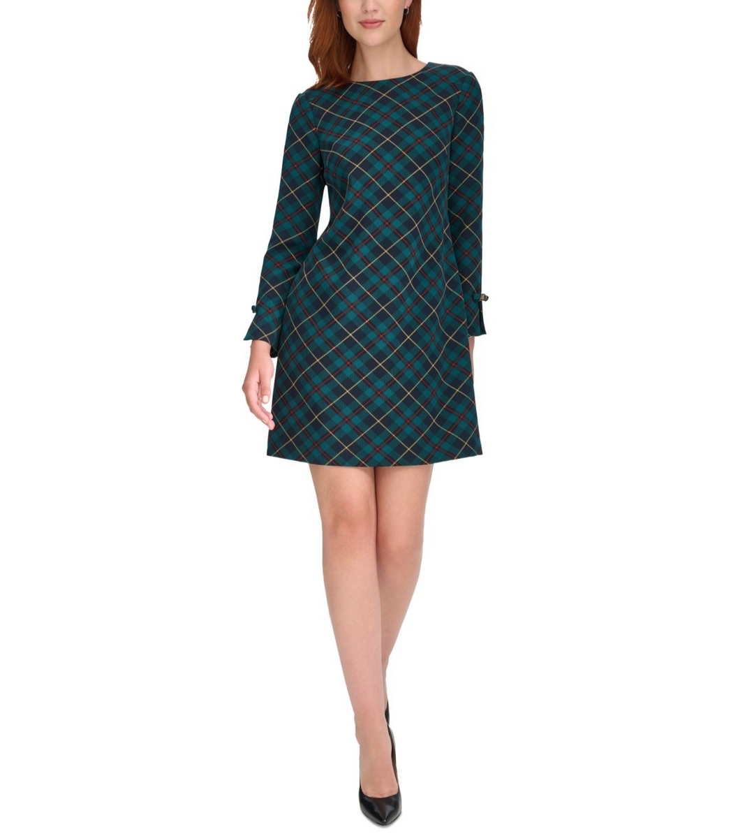 Tommy Hilfiger Women's Plaid Long-Sleeve Bow-Cuff Dress MSRP $ 119
