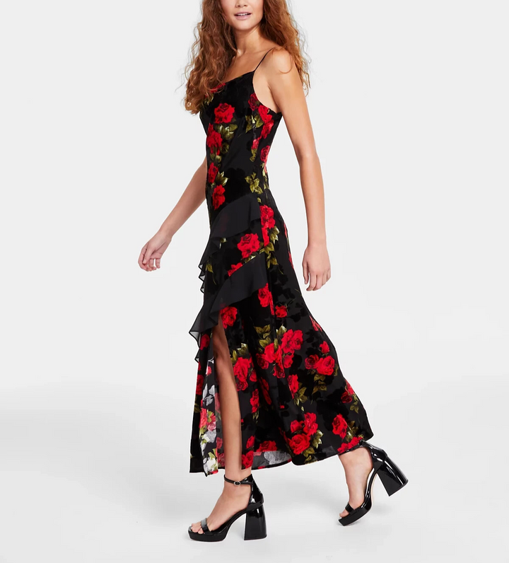 BCX Juniors Tiered Ruffles Rose Print Velvet Burnout Maxi Dress MSRP $79