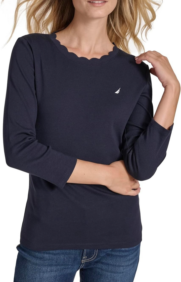 Nautica Jeans Women's Blue Cotton Scalloped-Neck 3/4-Sleeve Top MSRP $44.50