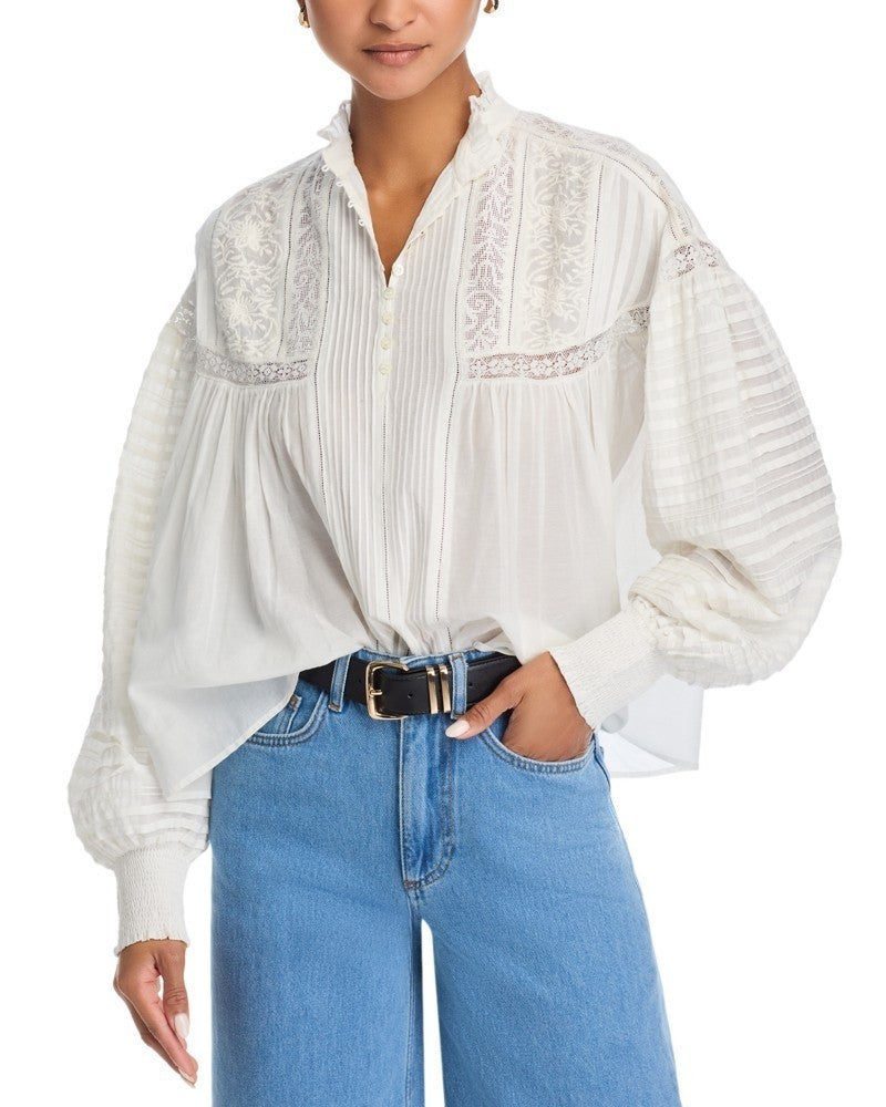 Vanessa Bruno Pintuck Lace-Inset Blouse MSRP $295