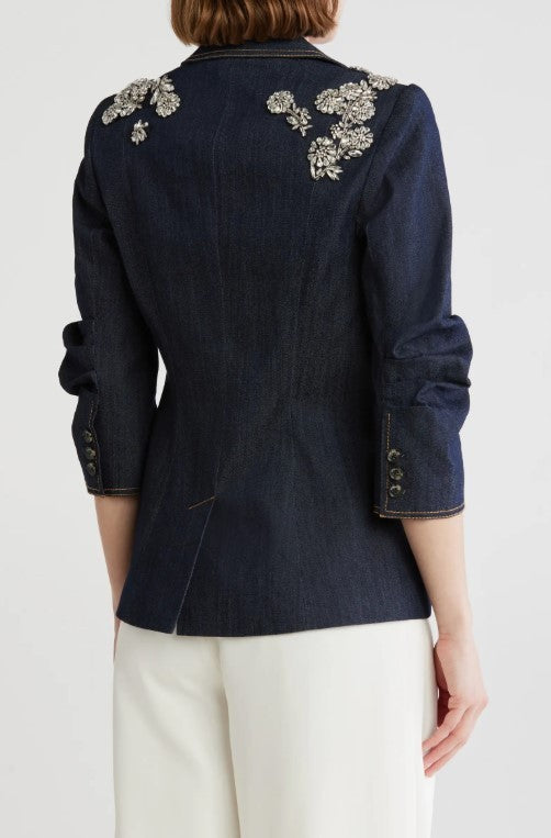 Cinq a Sept Embellished Khloe Crystal Chrysanthemum Denim Blazer MSRP $595