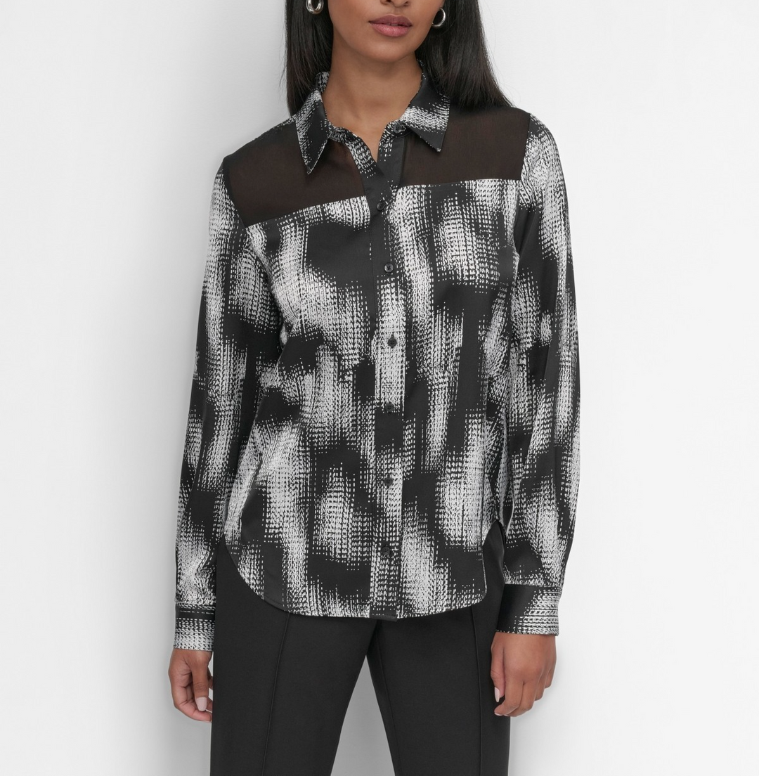 DKNY Women's Sheer-Yoke Abstract-Print Blouse MSRP $89