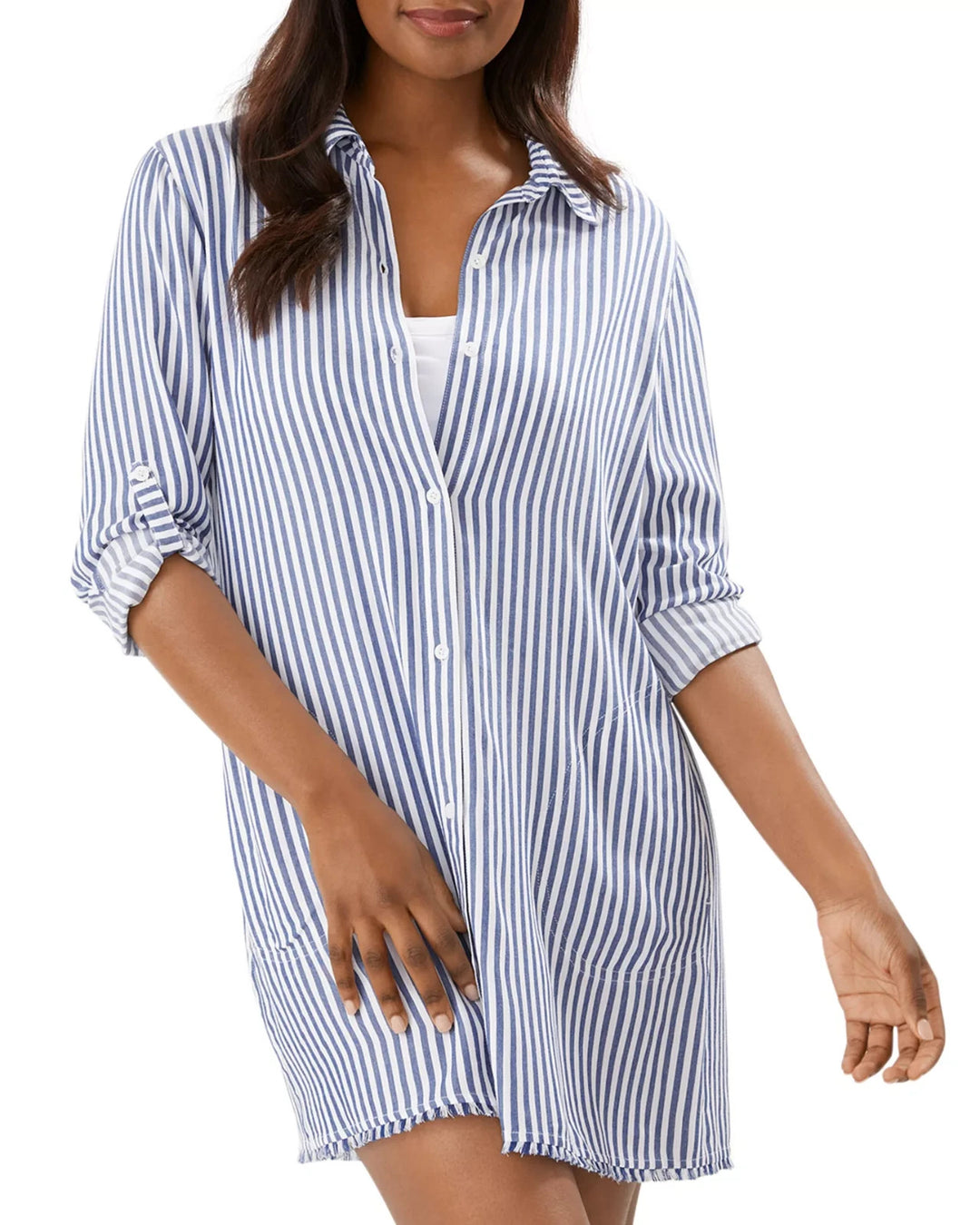 Tommy Bahama Chambray Stripe Boyfriend Shirt Swim Cover-Up MSRP $110