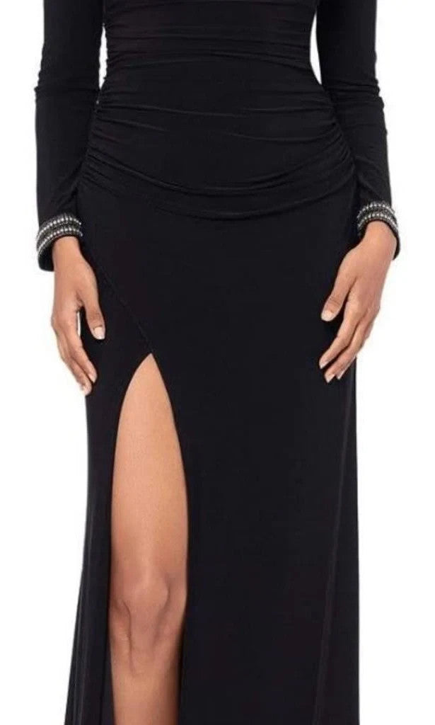 Betsy & Adam Petite Mock-Neck Rhinestone-Cuff Gown MSRP $249