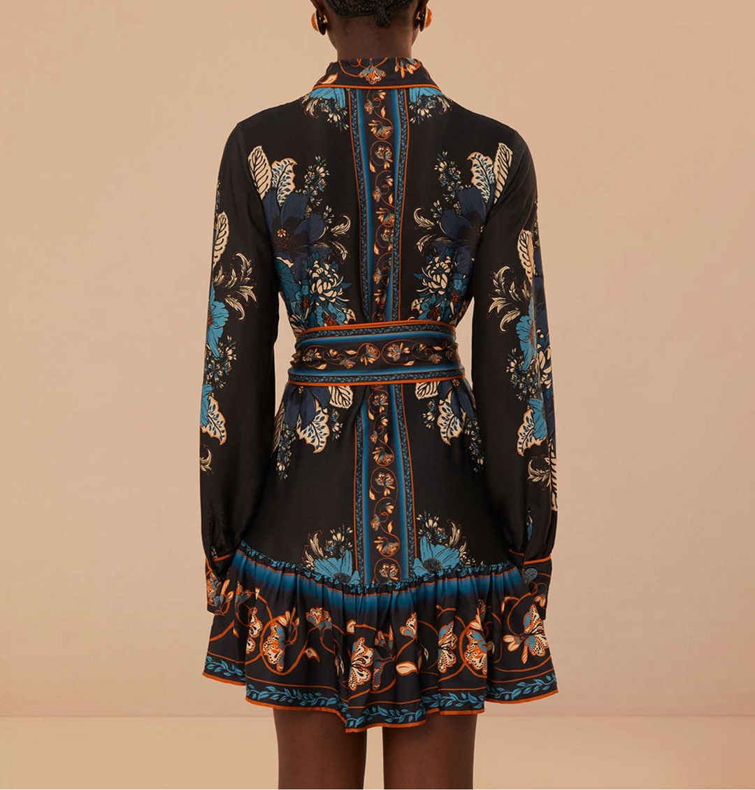 FARM Rio Black Blossom Tapestry Mini Dress MSRP $249