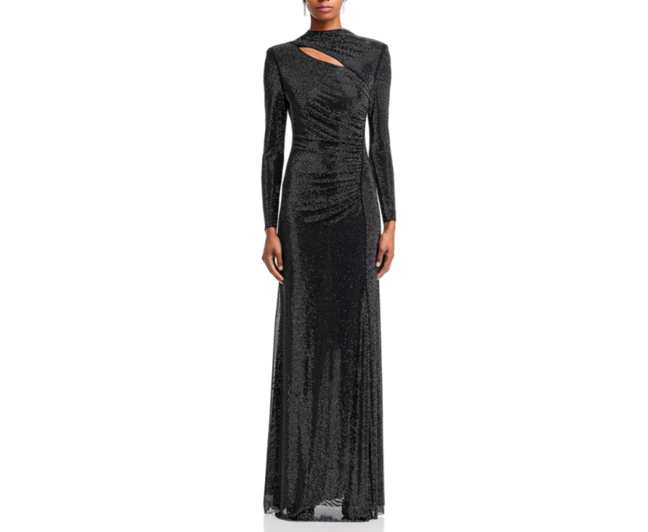Self-Portrait Black Rhinestone Mesh Cut Out Gown MSRP $870