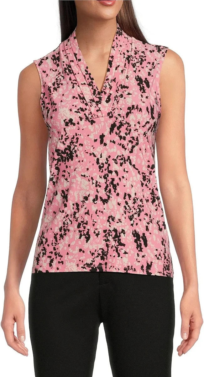 Anne Klein Women's Pleated-Neck Printed Sleeveless Top MSRP $49
