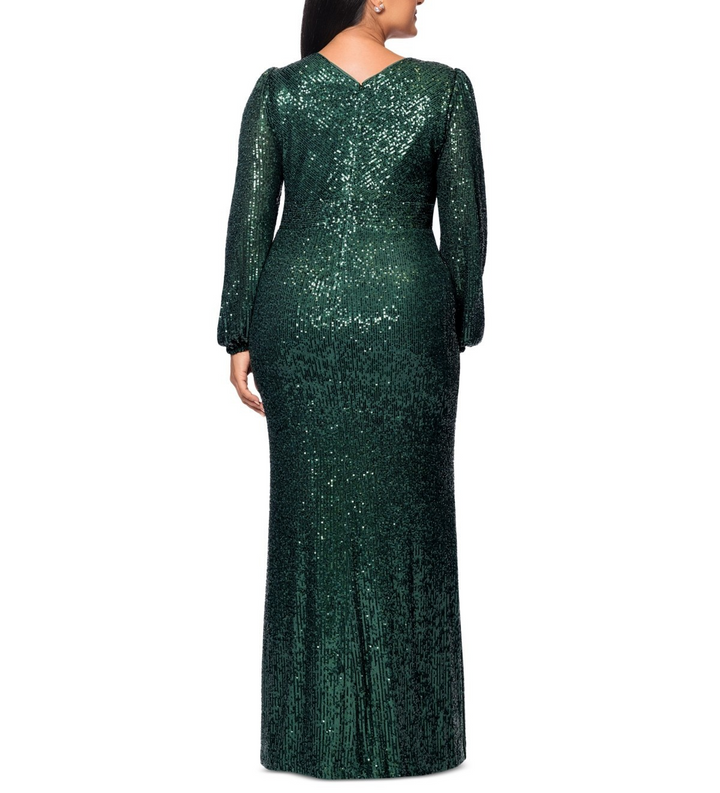 X by XSCAPE Plus Size Sequin Long-Sleeve Side-Slit Gown MSRP $199