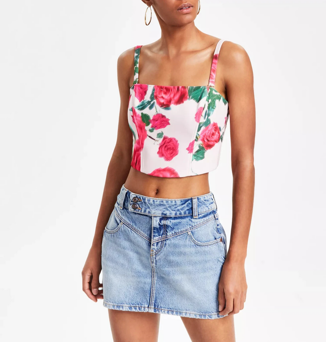 GUESS Women's Raissa Floral Smocked-Back Bustier Top MSRP $89
