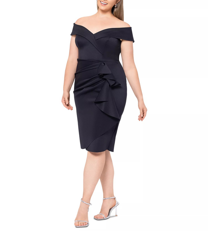 XSCAPE Plus Size Off-The-Shoulder Ruffled-Skirt Cocktail Dress MSRP $239