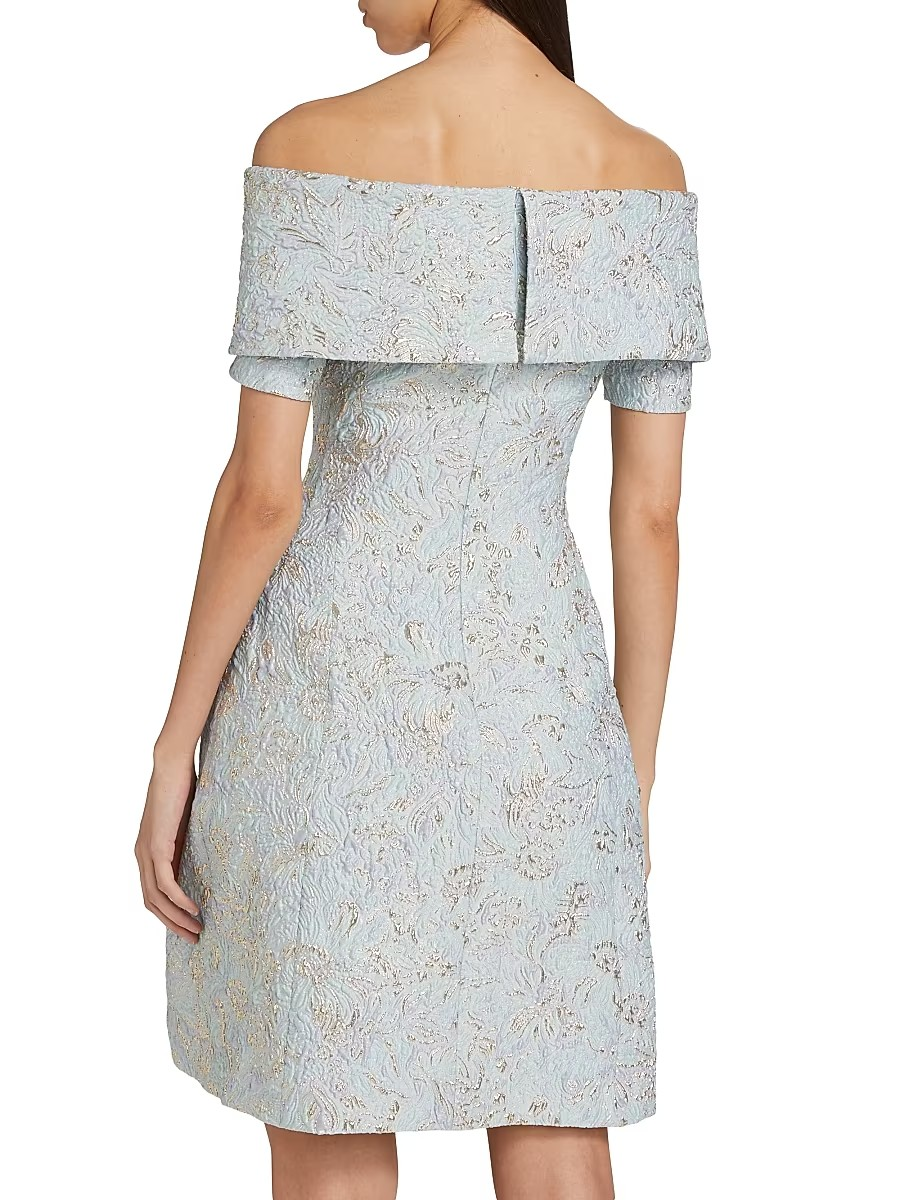 Teri Jon by Rickie Freeman Metallic Jacquard Off the Shoulder Dress MSRP $550