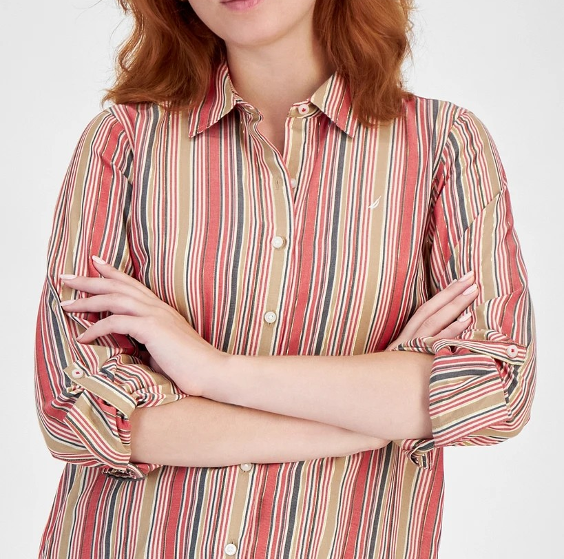 Nautica Jeans Women's Glint Stripe Roll-Tab Button-up Shirt MSRP $49.99