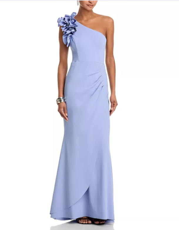 AQUA One Shoulder Ruffle Crepe Gown MSRP $298