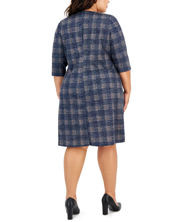 Connected Plus Size Round-Neck Plaid-Print Sheath Dress MSRP $79