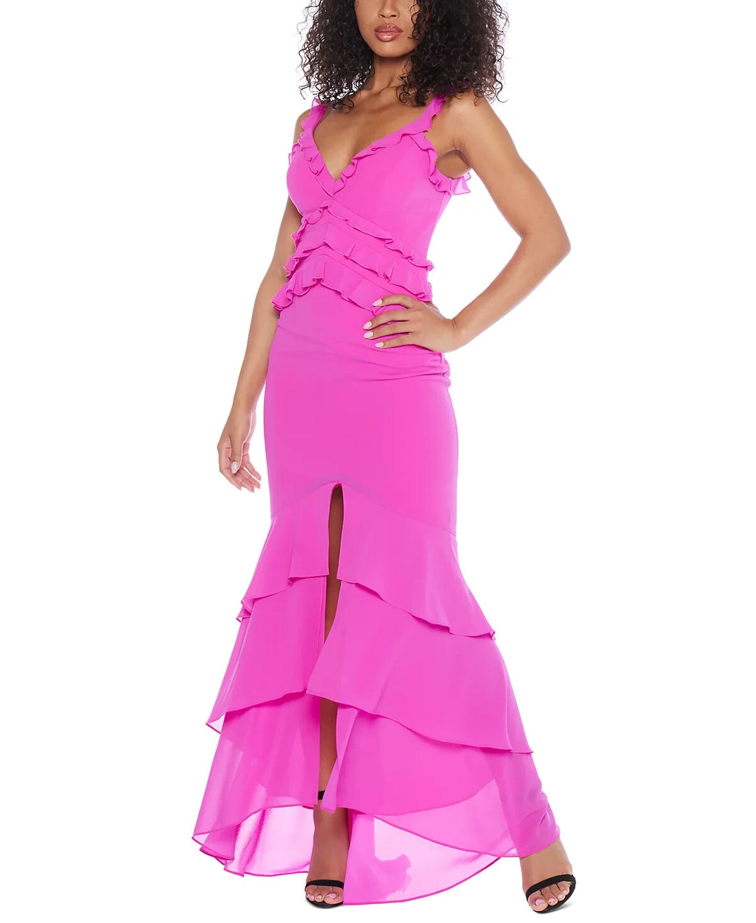 B Darlin Juniors' Ruffle V-Neck Front-Slit Gown MSRP $99