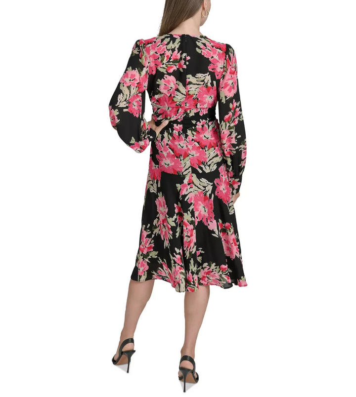 Halston Women's Floral-Print Ruched Fit & Flare Dress MSRP $139
