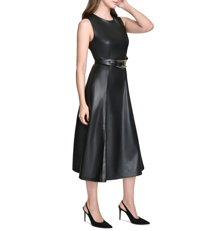 Halston Women's Faux-Leather Belted Sleeveless Midi Dress MSRP $134