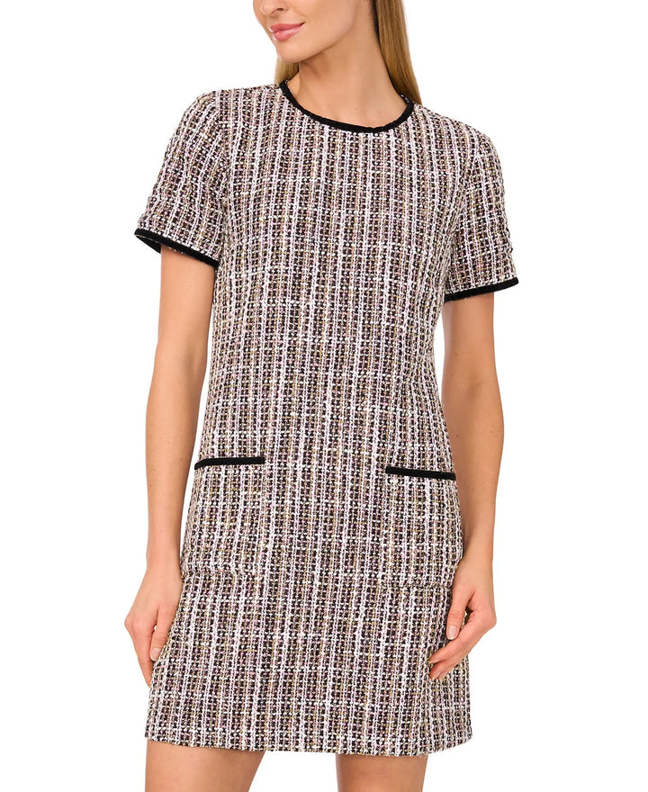 CeCe Contrast-Trim Tweed Short-Sleeve Dress